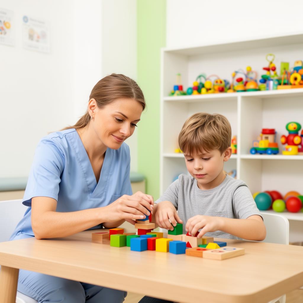 Terapiste duke ndihmuar fëmijë në sesion ergoterapie pediatrike
